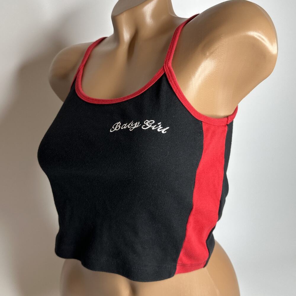 Forever 21 Baby Girl Embroidered Tank Top S Black Cotton Red Trim Y2K Crop